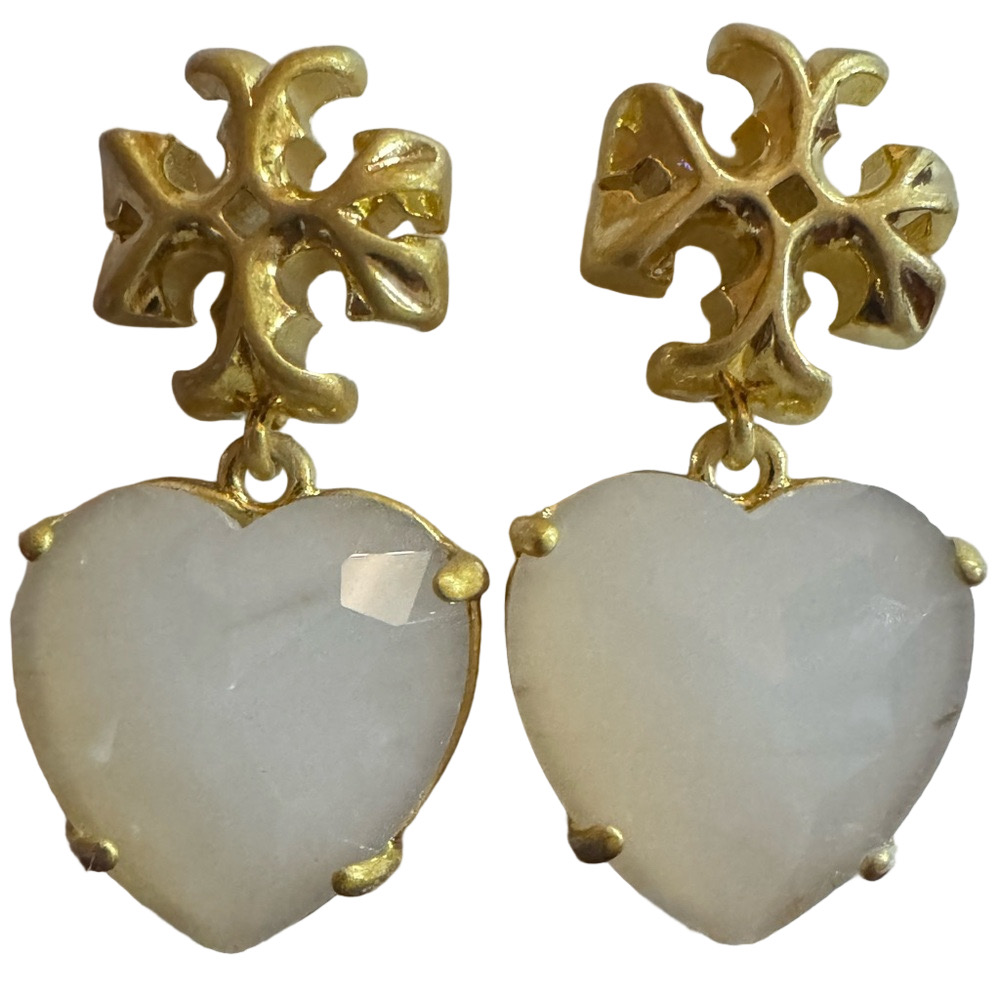 Tory Burch New Roxanne Brass Crystal White Heart Drop Earrings
